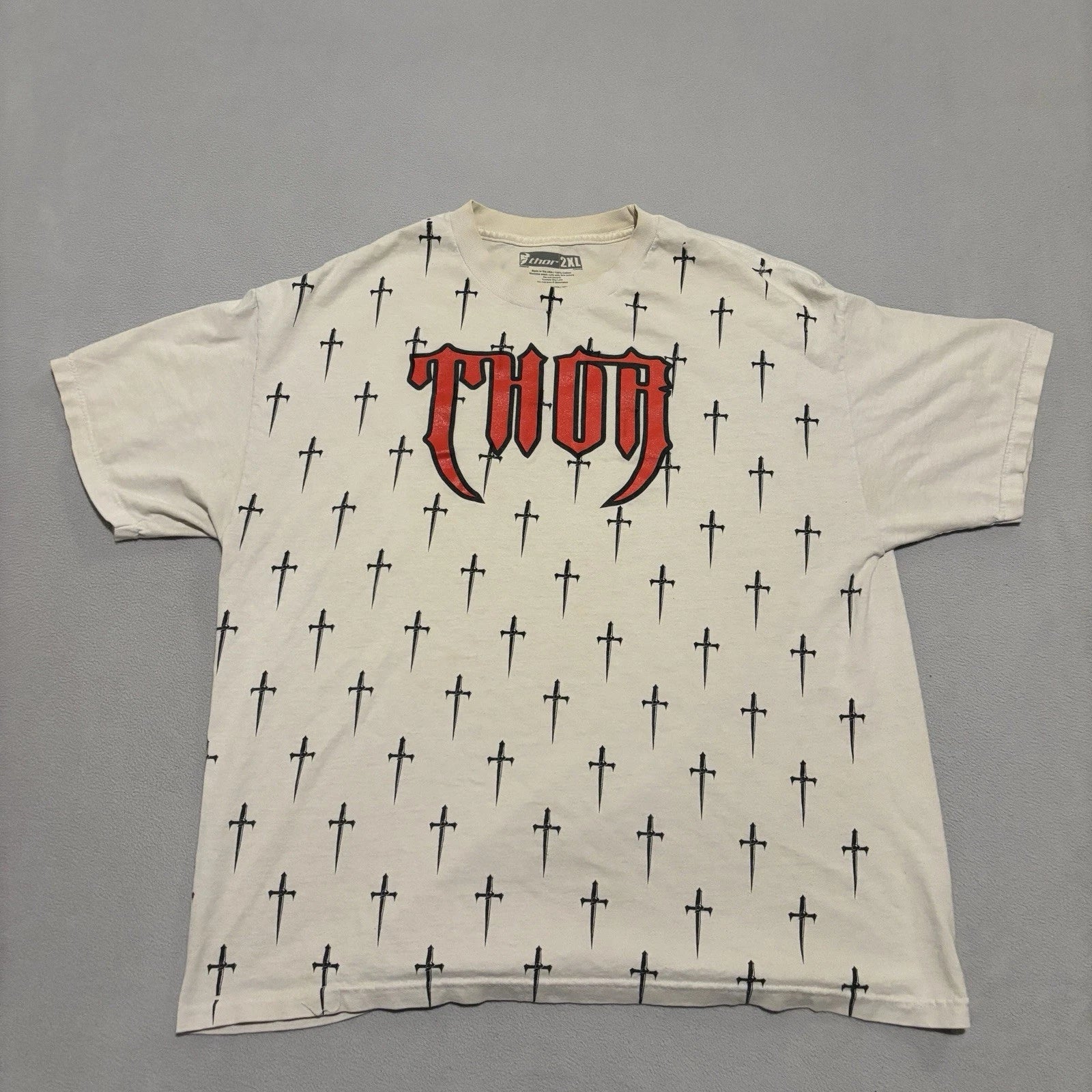 Thor Racing T Shirt Size 2XL Cream Short Sleeves Y2K Grunge Christ Cross Print