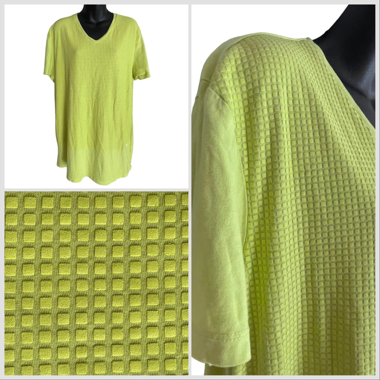 Vintage 1990s Hip Hop CK1 V-Neck Short Sleeve Shirt  Square Green Neon Men L