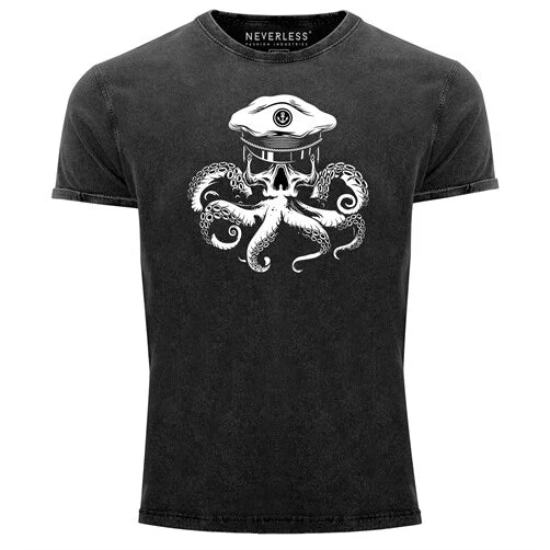 Mens Vintage Shirt Captain Skull Octopus Captain Skull Octopus Print Shirt