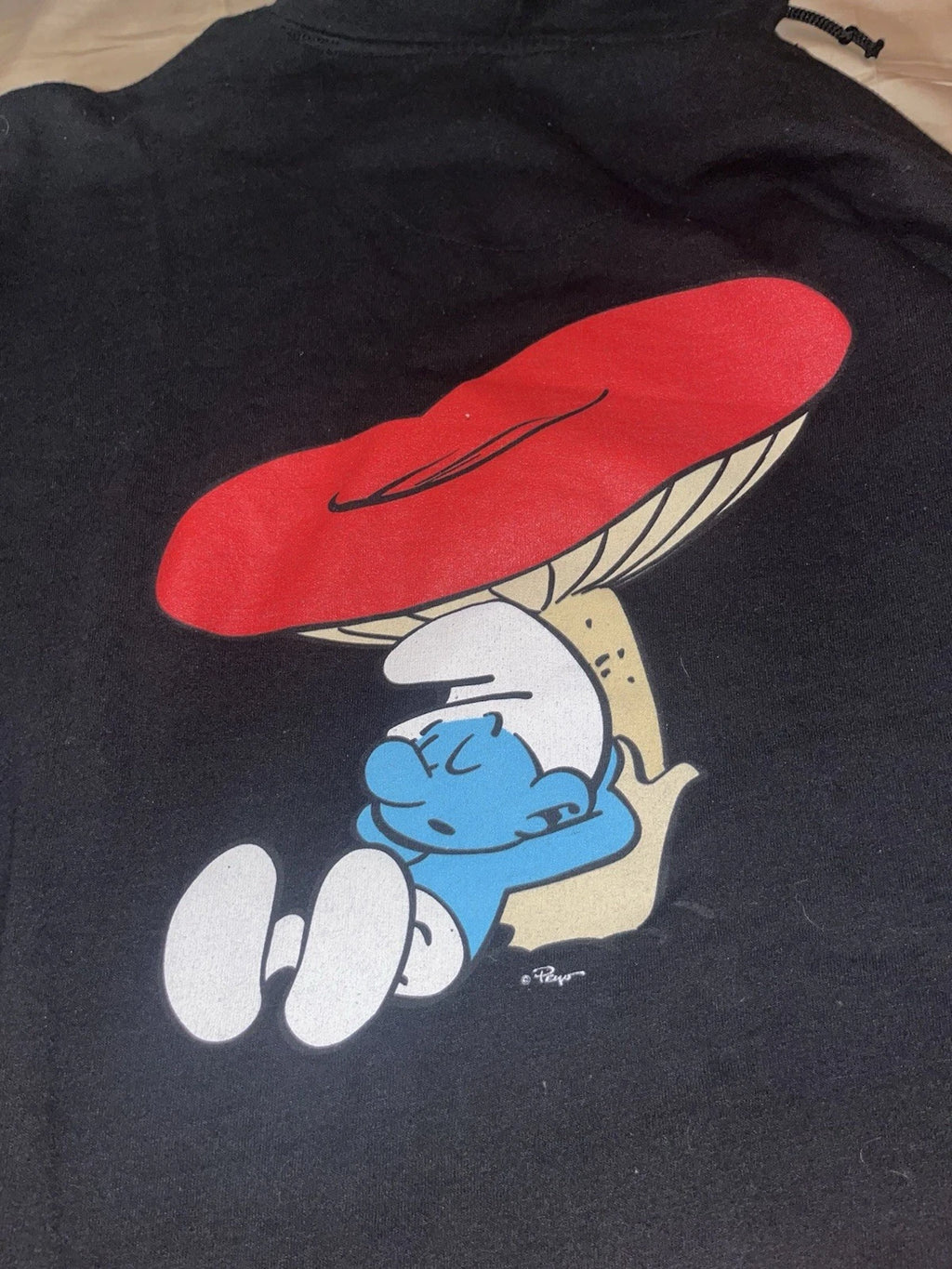 THE SMURFS Lazy Smurf Mushroom CARTOON BLUE CHARACTER TEE Mens Large Hoodie