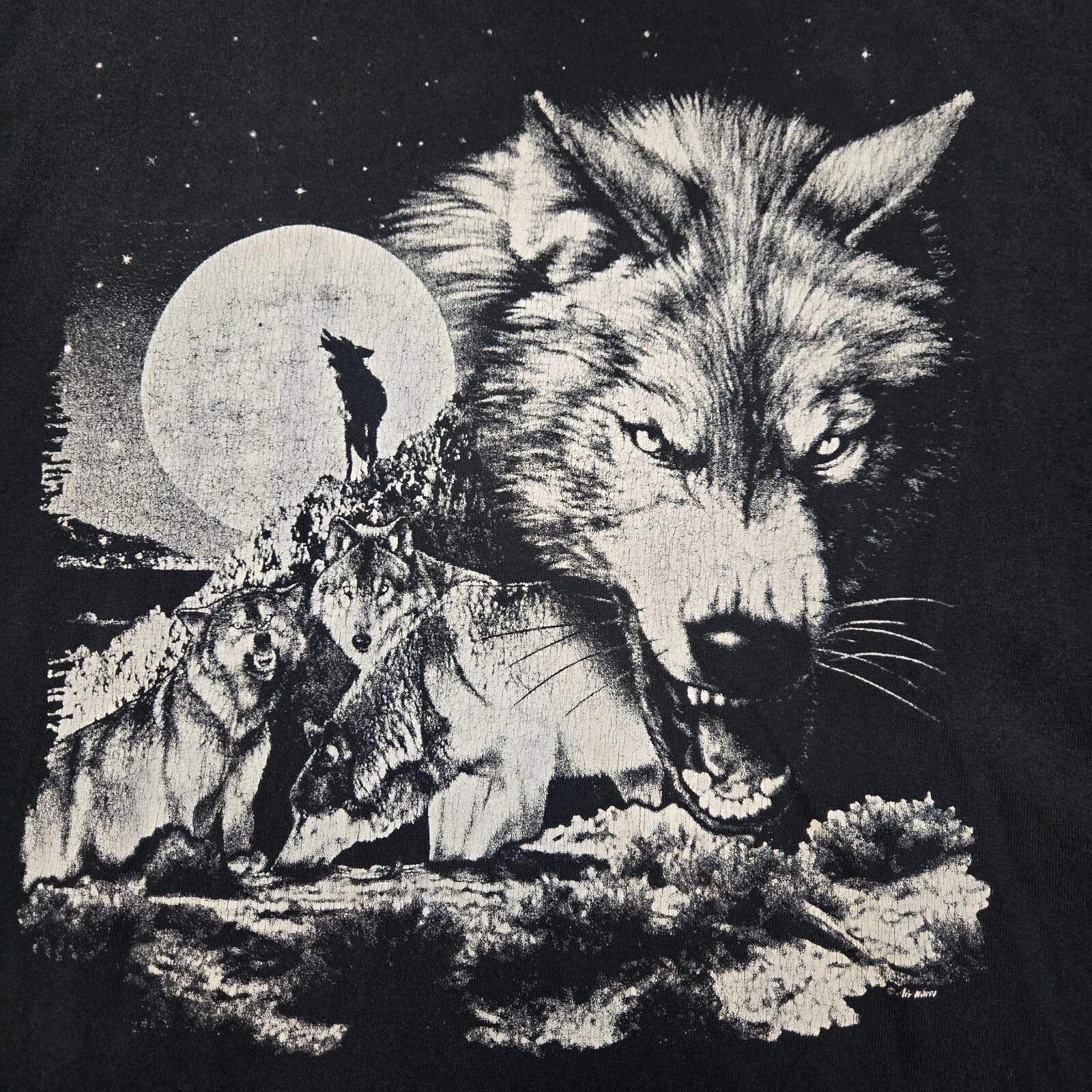 Mens XL Howling Night Wolves Wolf Pack Biker Tee Shirt Moon Black White VTG Y2K