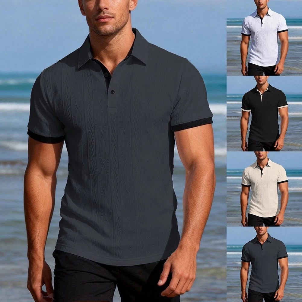 Men Slim Fit Short Sleeve Jacquard T-Shirt with Button Collar Casual Top