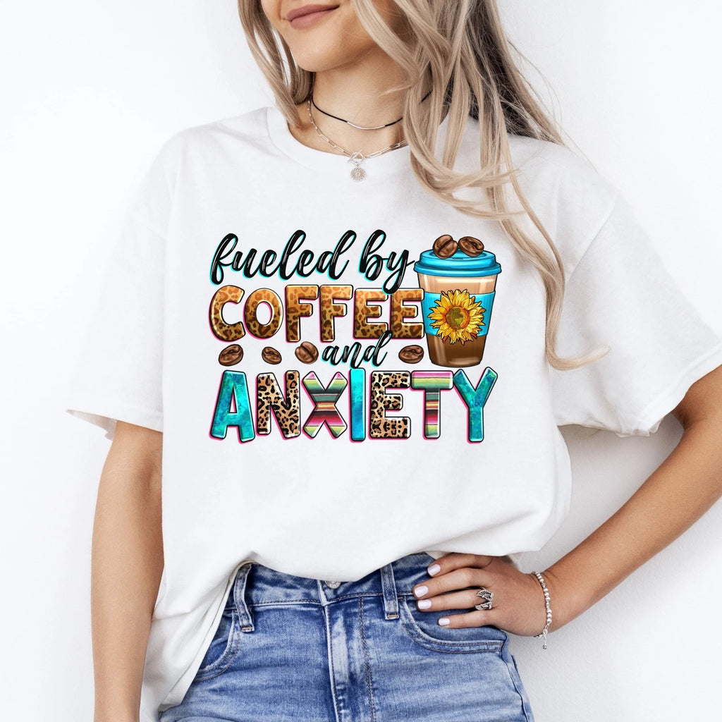 Fueled by coffee and anxiety T-Shirt gift Sunflower coffee lover Unisex tee Sand