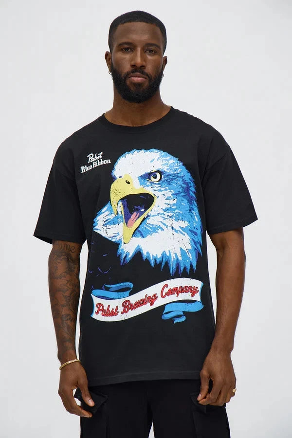 Pabst Blue Ribbon Beer Bald Eagle Graphic Mens Black Shirt New S-2XL