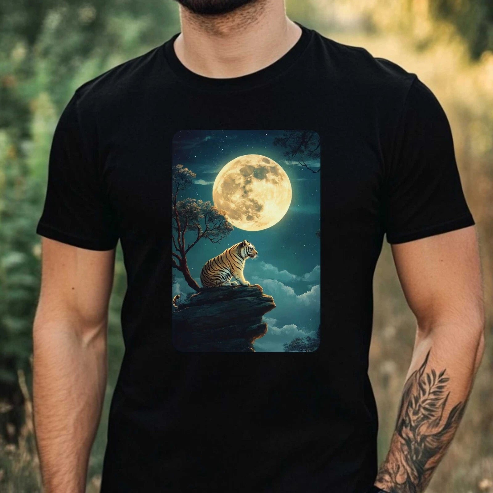 Mens Tiger Full Moon Print Cotton T-Shirt Size XS to 5XL