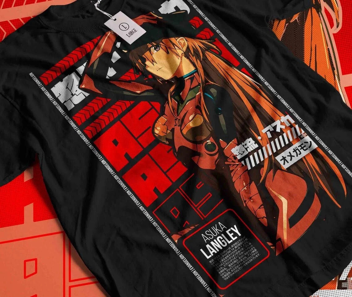 Asuka T-shirt Neon Genesis Evangelion Kawai Anime Black Shirt All Size