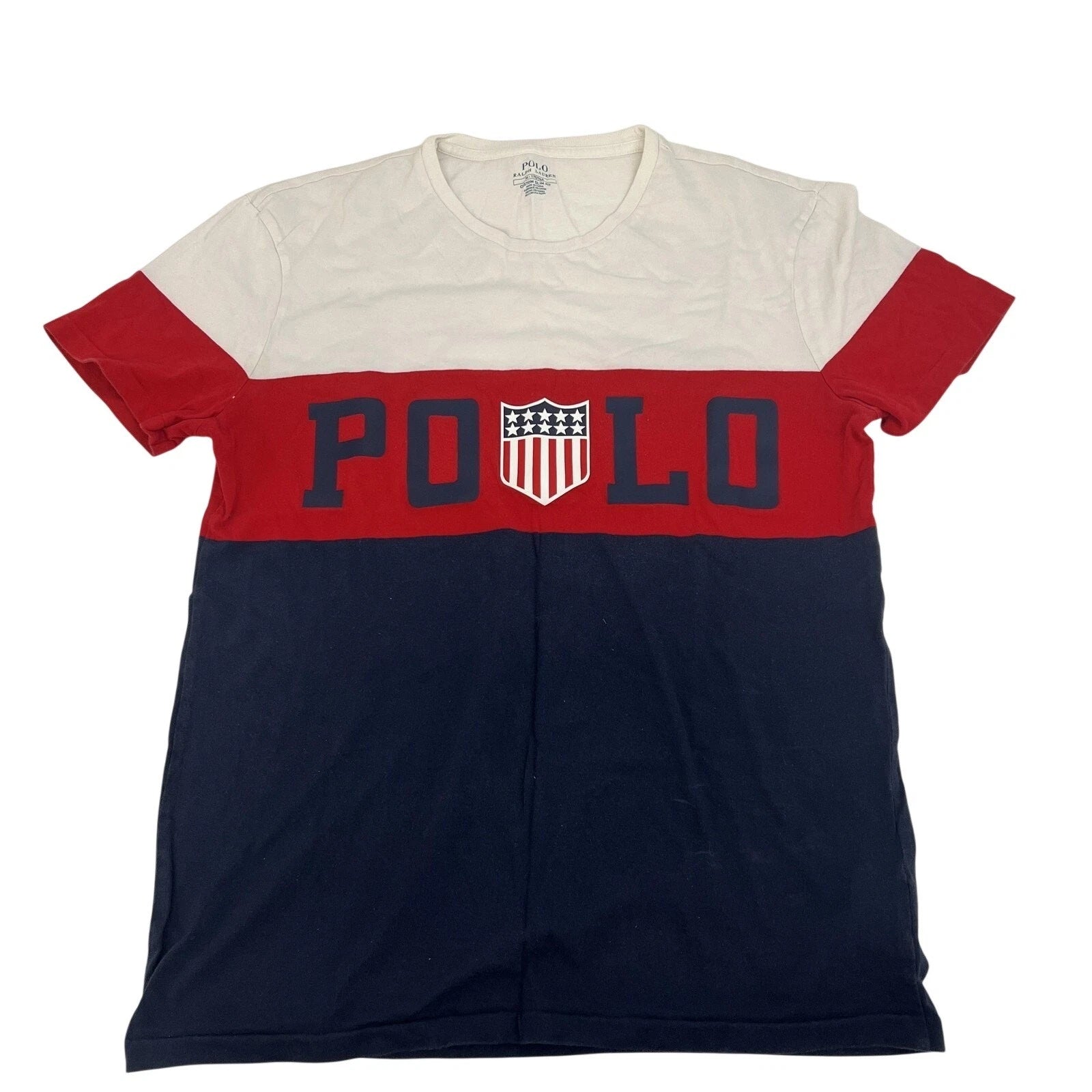 Polo Ralph Lauren Shirt Mens Medium Red Navy Custom Slim Fit Colorblock Shield