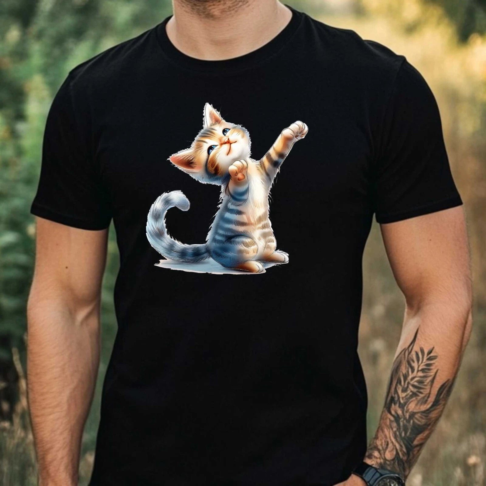 Mens Yoga Cat Print Cotton T-Shirt Size XS to 5XL