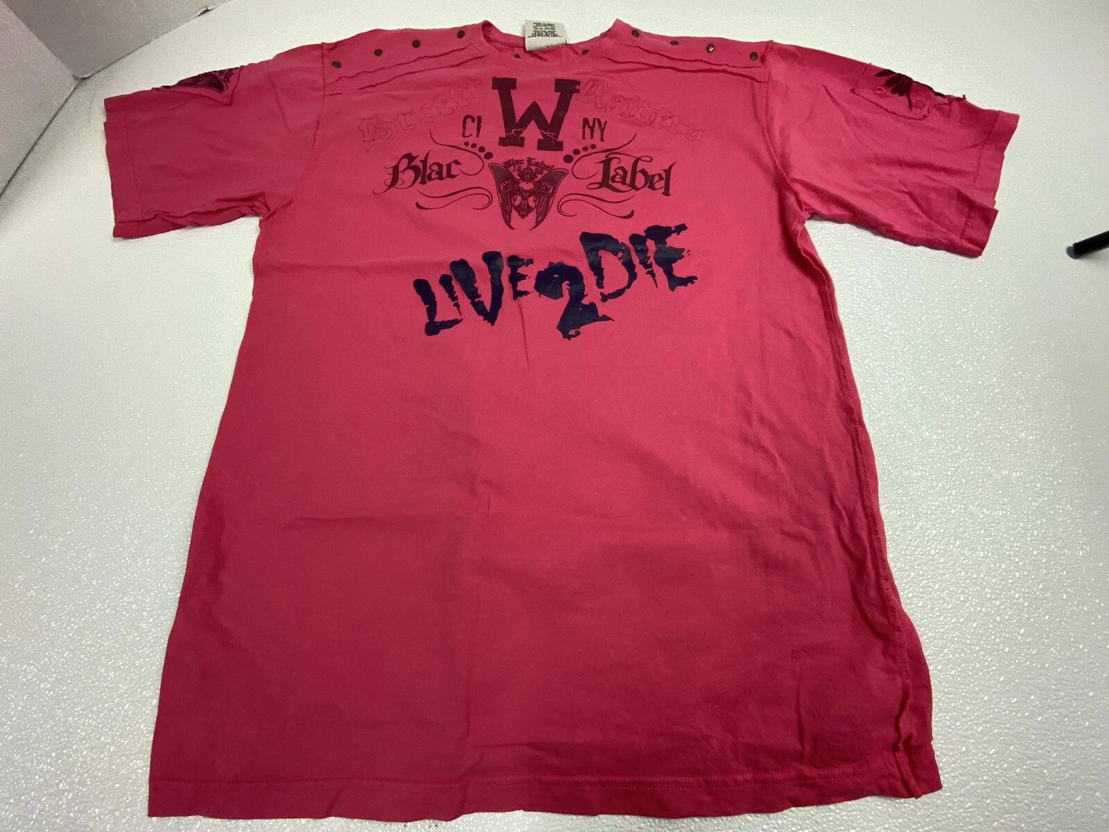 Vintage Y2K Blac Label Pink Patches Rivets Live 2 Die Inside Out T Shirt 2X Read