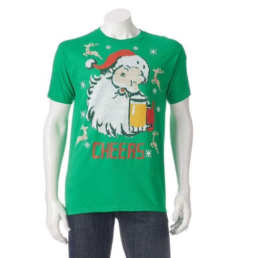 Holiday Party Men's Santa Cheers with a Beer T-Shirt NWT Green Funny Holidays