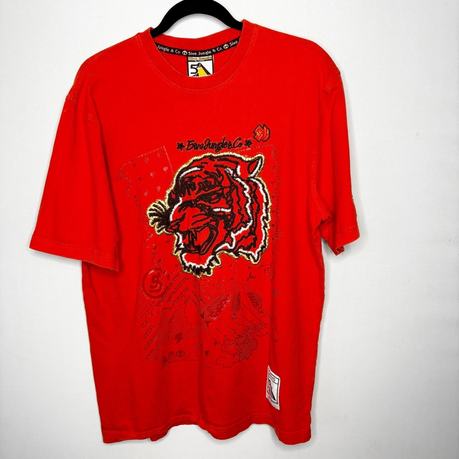 5ive Jungle NYC 5 Boroughs Graphic T-Shirt Size L Embroidered Tiger Streetwear
