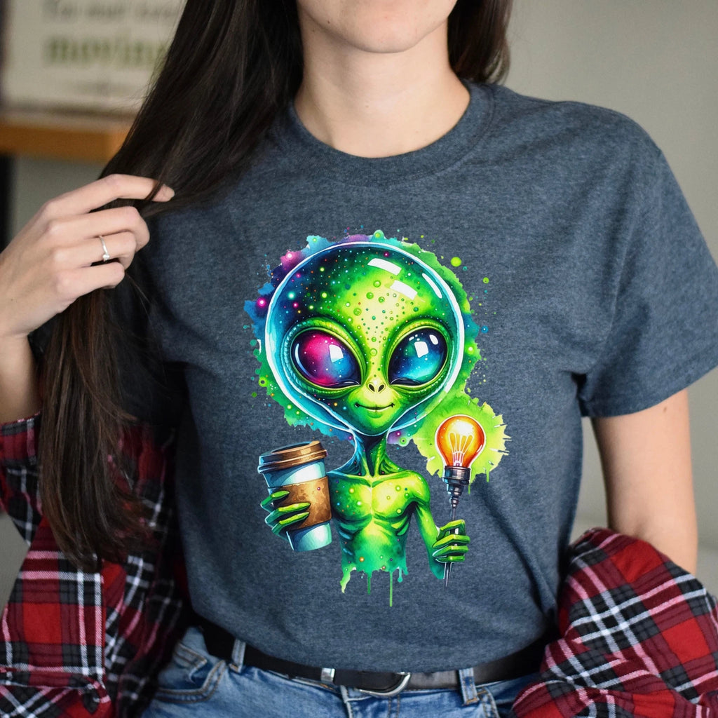 Cute alien with coffee Color Splash Unisex T-shirt Black Navy Dark Heather