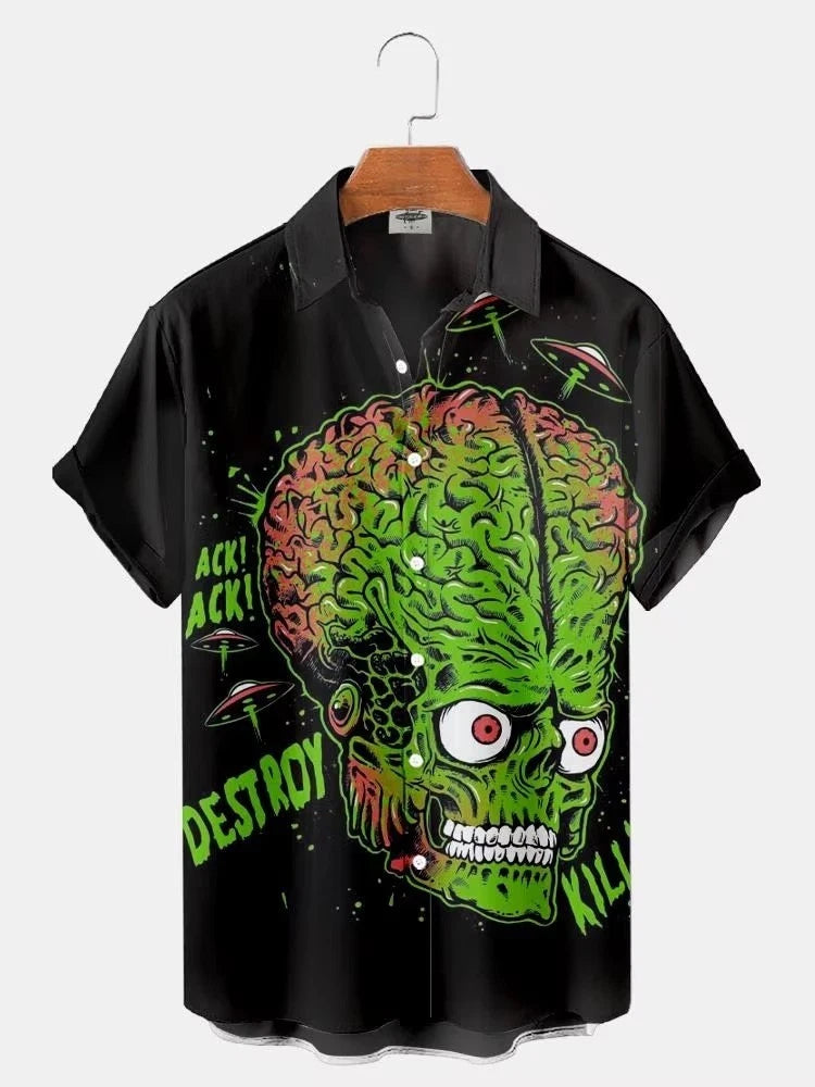 Mens Button Down Mars Attacks Green Alien Hawaiian Top Novelty Holiday Shirt