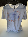 Y2K Mens Large White Graphic T-Shirt Blue Orange Abstract Portrait Art Tee