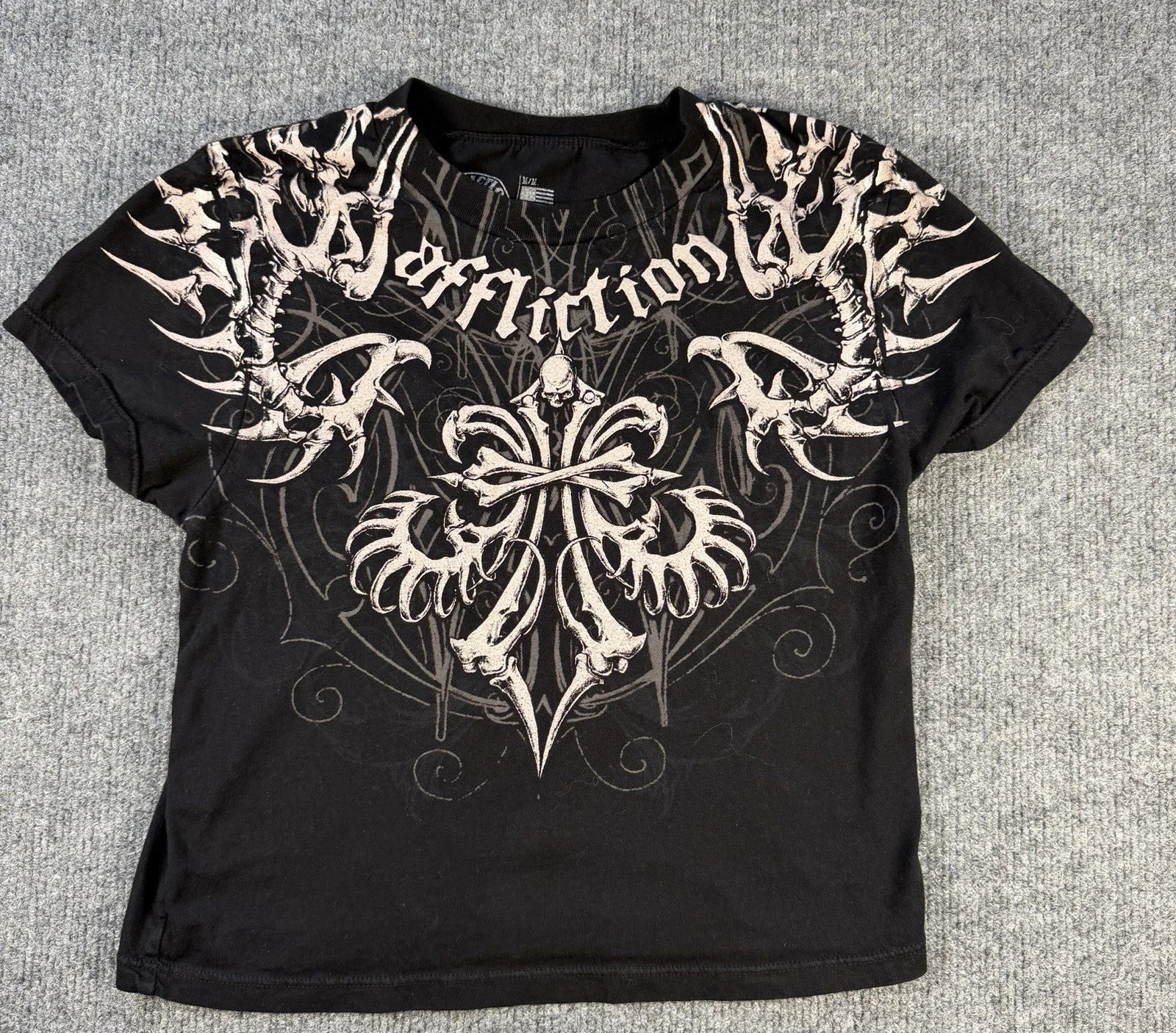 Affliction Youth Medium Black Skull Cross Graphic T Shirt Gothic Biker Y2K