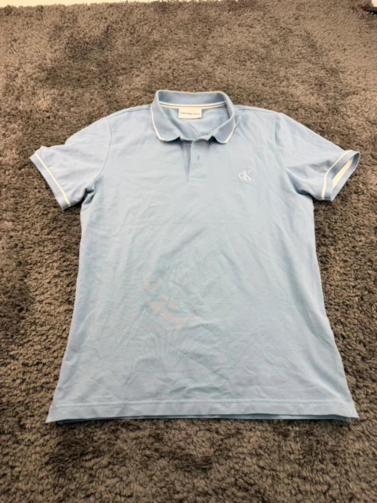 Y2K Calvin Klein Jeans Slim Fit Polo Shirt Sky Blue Logo Detail Mens Size L