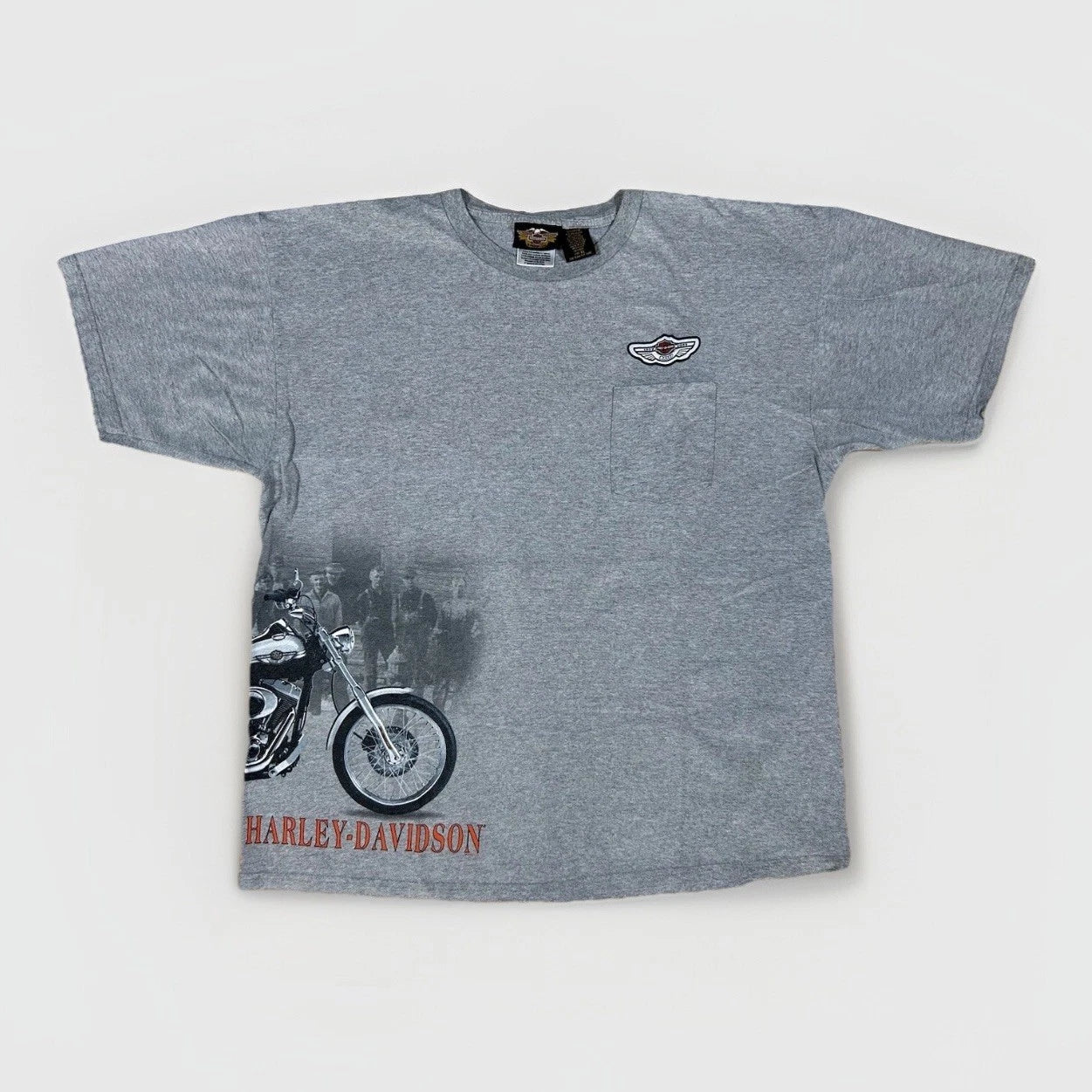 Harley Shirt Mens XL Wrap Around Motorcycle Graphic Pocket Tee Gray 2003 Y2K AOP
