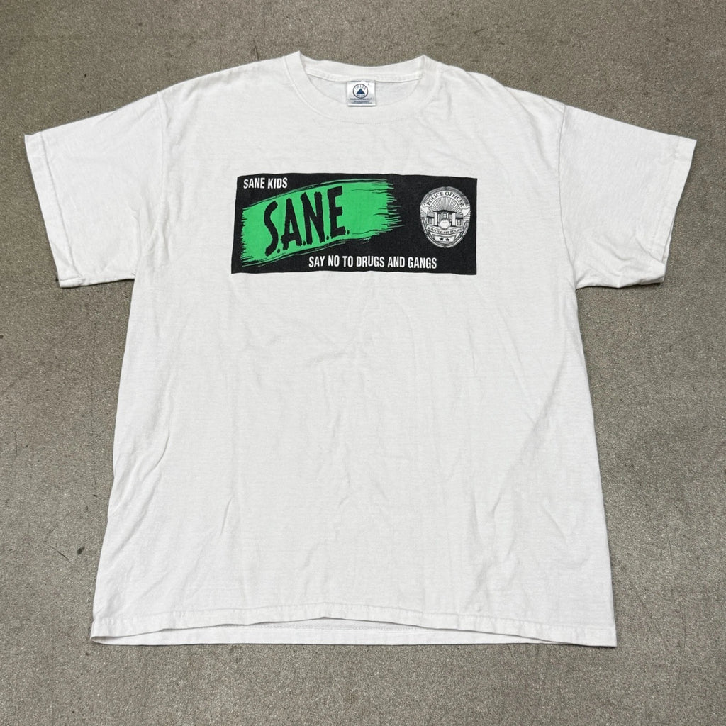 Vintage SANE Drug Awareness T-Shirt Large White LA Police Anti Drug Parody Tee