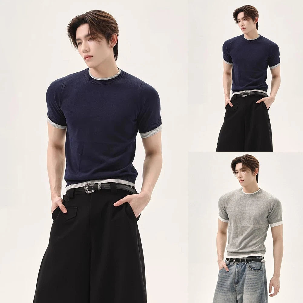 Men Slim Fit Short Sleeve Knit T Shirt with Splicing Design Blue or Gray