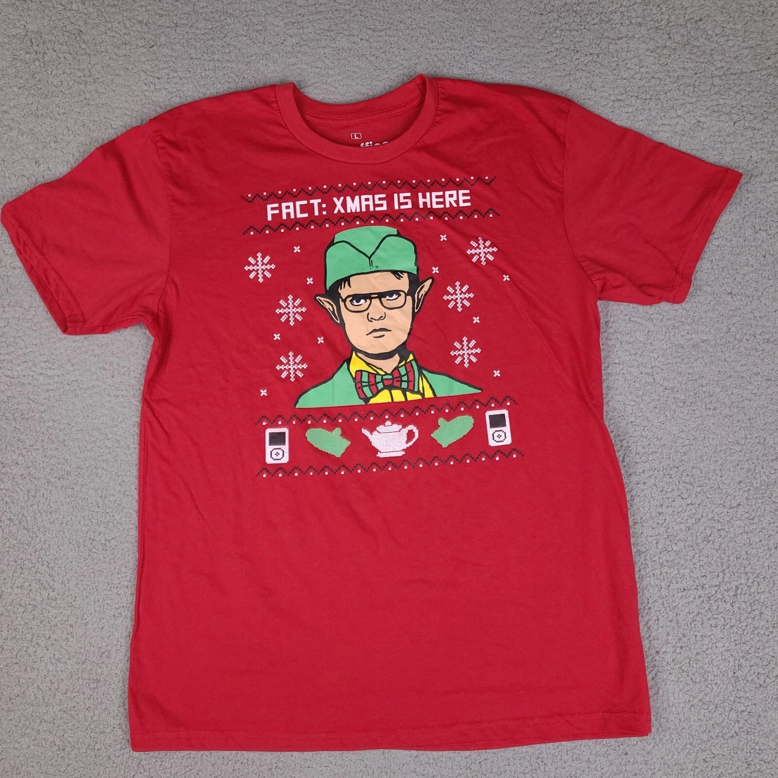 The Office Show Christmas T-Shirt Large Red Dwight Fact: X-Mas Is Here Elf