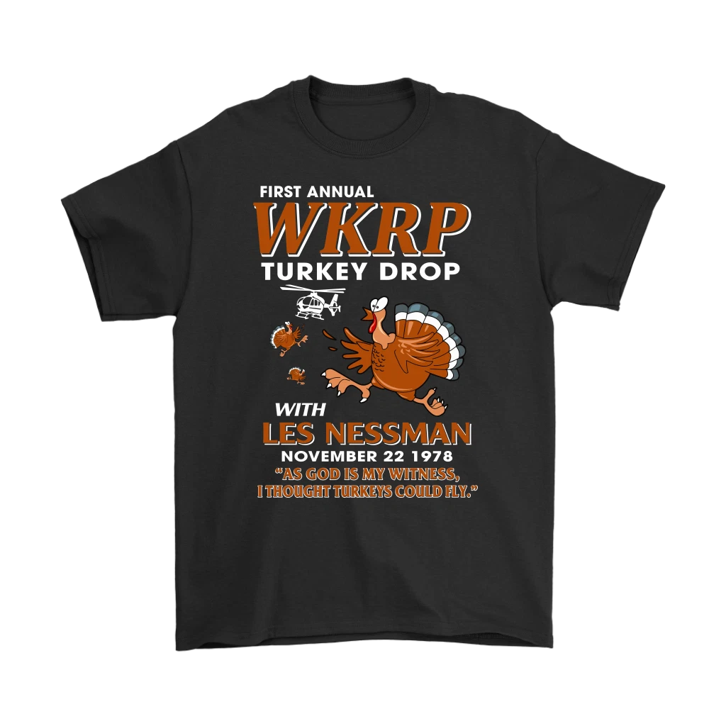 WKRP Turkey Drop with Les Nessman Funny T-shirts - Thanksgiving Day T Shirt Gift