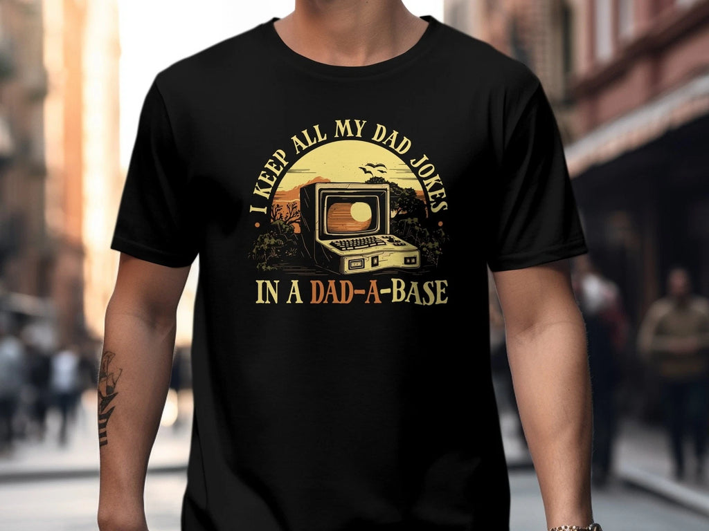 Funny Dad Joke T-Shirt, Vintage Computer Graphic Tee, Dad-A-Base Sunset T-shirt,