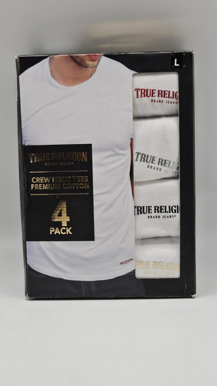TRUE RELIGION 4 Pack Men's S M L XL White Premium Cotton Crew Neck Logo T Shirt