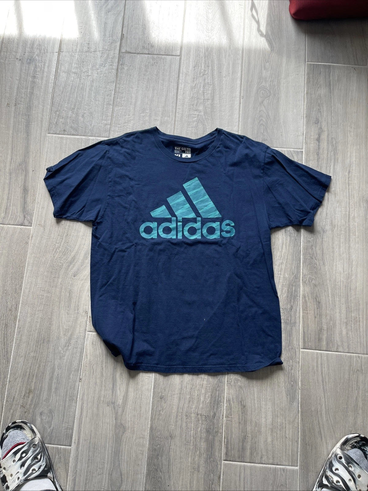 Adidas T-Shirt Navy Blue Neon Yellow Logo Print Made In USA
