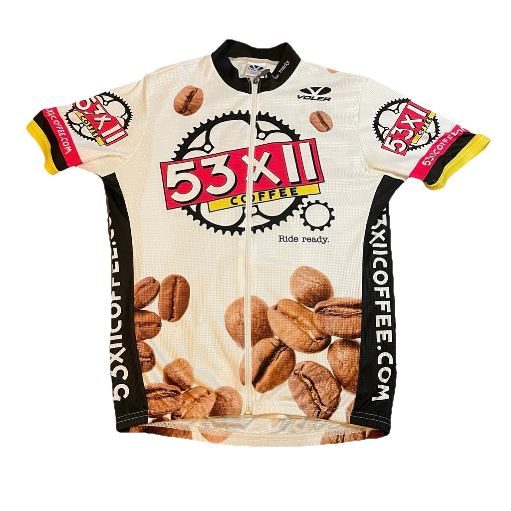 Vintage Cycling T-Shirt Mens Small Bicycle Biking 53x11 Coffee Sponsor Logos 90s