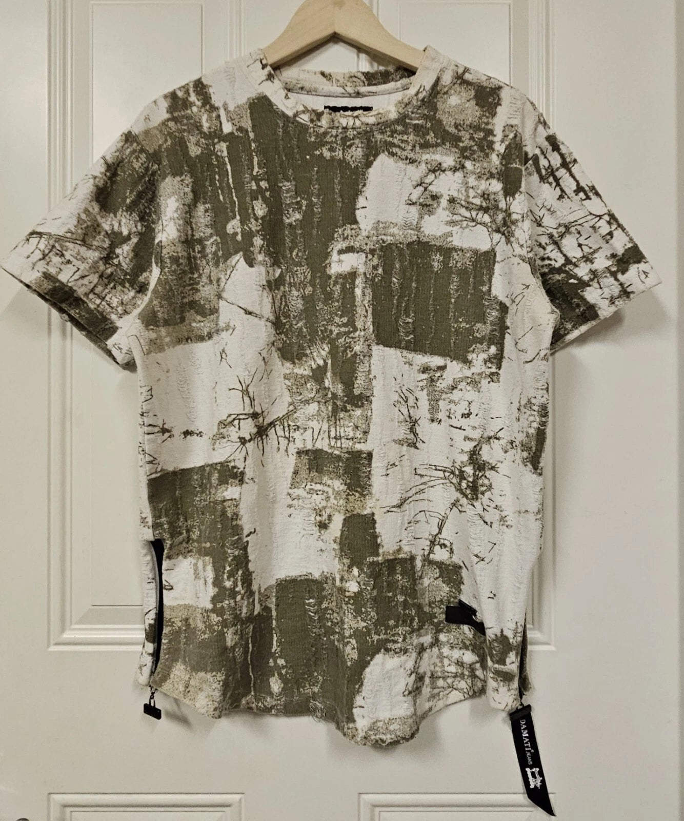 damati jeans Men streetwear tie dye green white  ripped cotton T-shirt size L