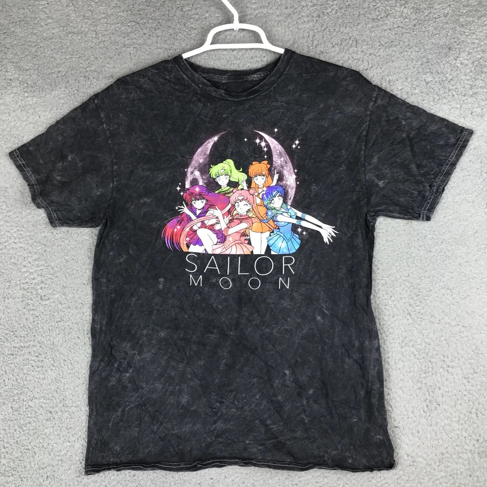 Sailor Moon Shirt Mens Small Black Acid Wash Graphic Anime Tee Top Kawaii
