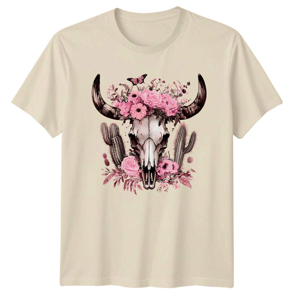 Floral Bull Skull Animals Mens T-Shirt Womens Tee Graphic Top Unisex