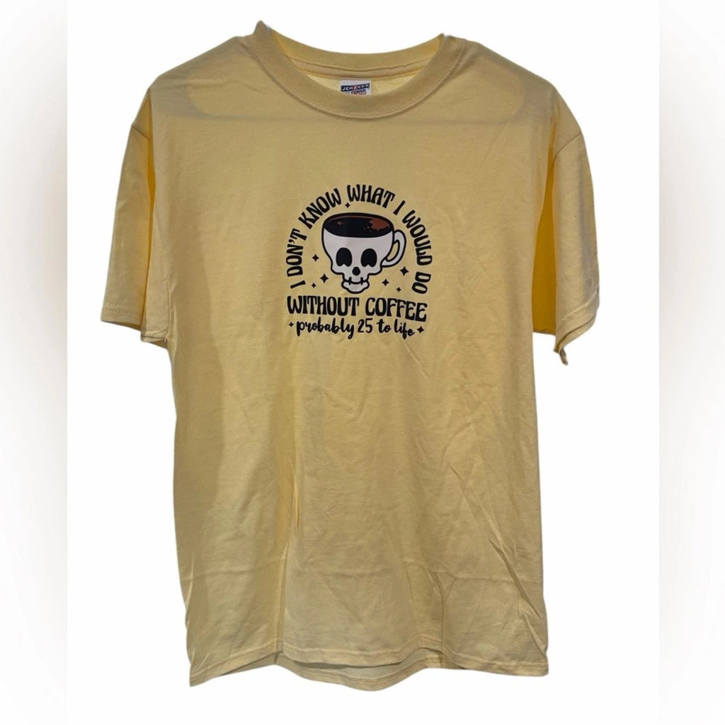 Jerzees Coffee Graphic Tee M Yellow Funny Saying Skull Cup Shirt
