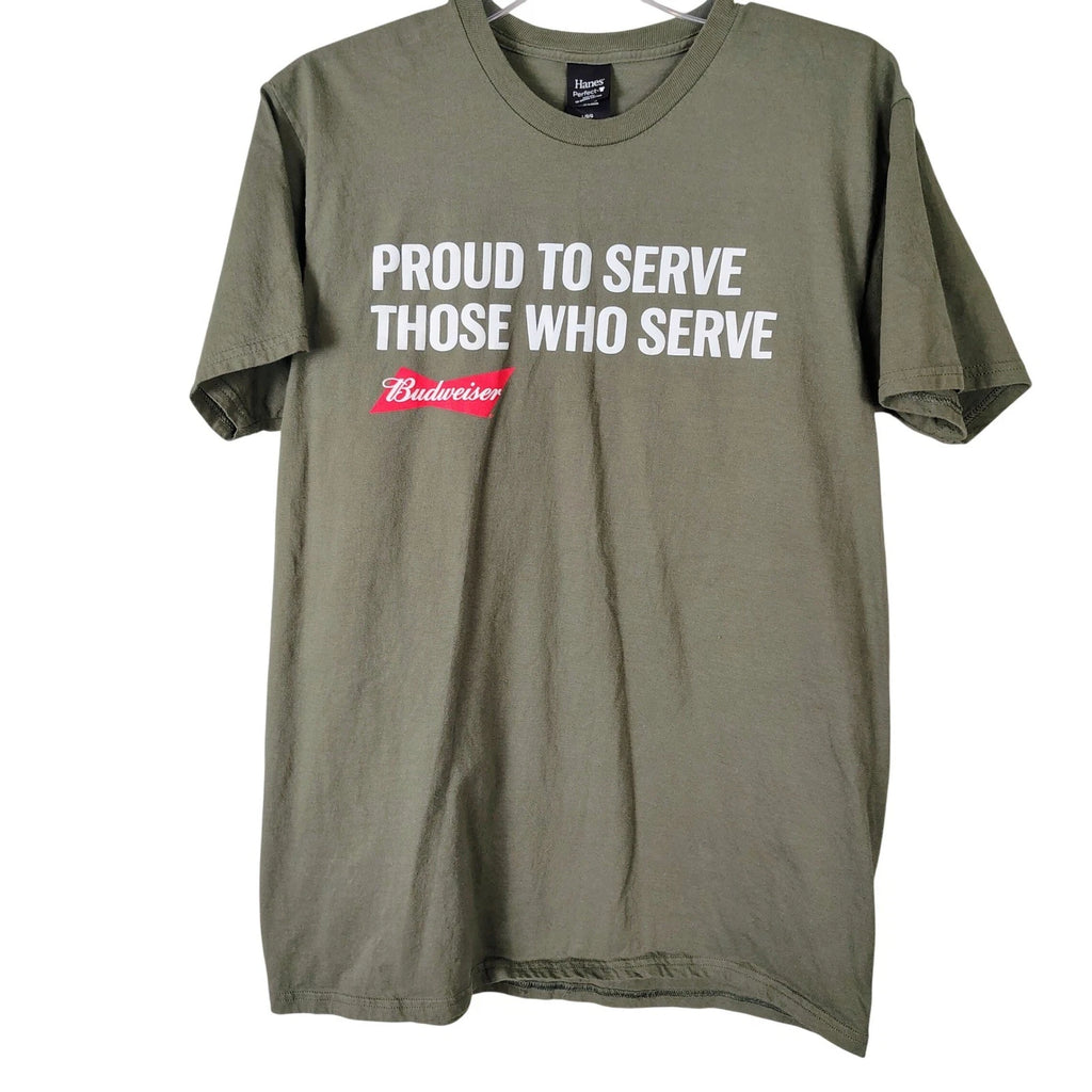 Budweiser Proud To Serve Those Who Serve Hanes Perfect-T Olive Green Shirt L