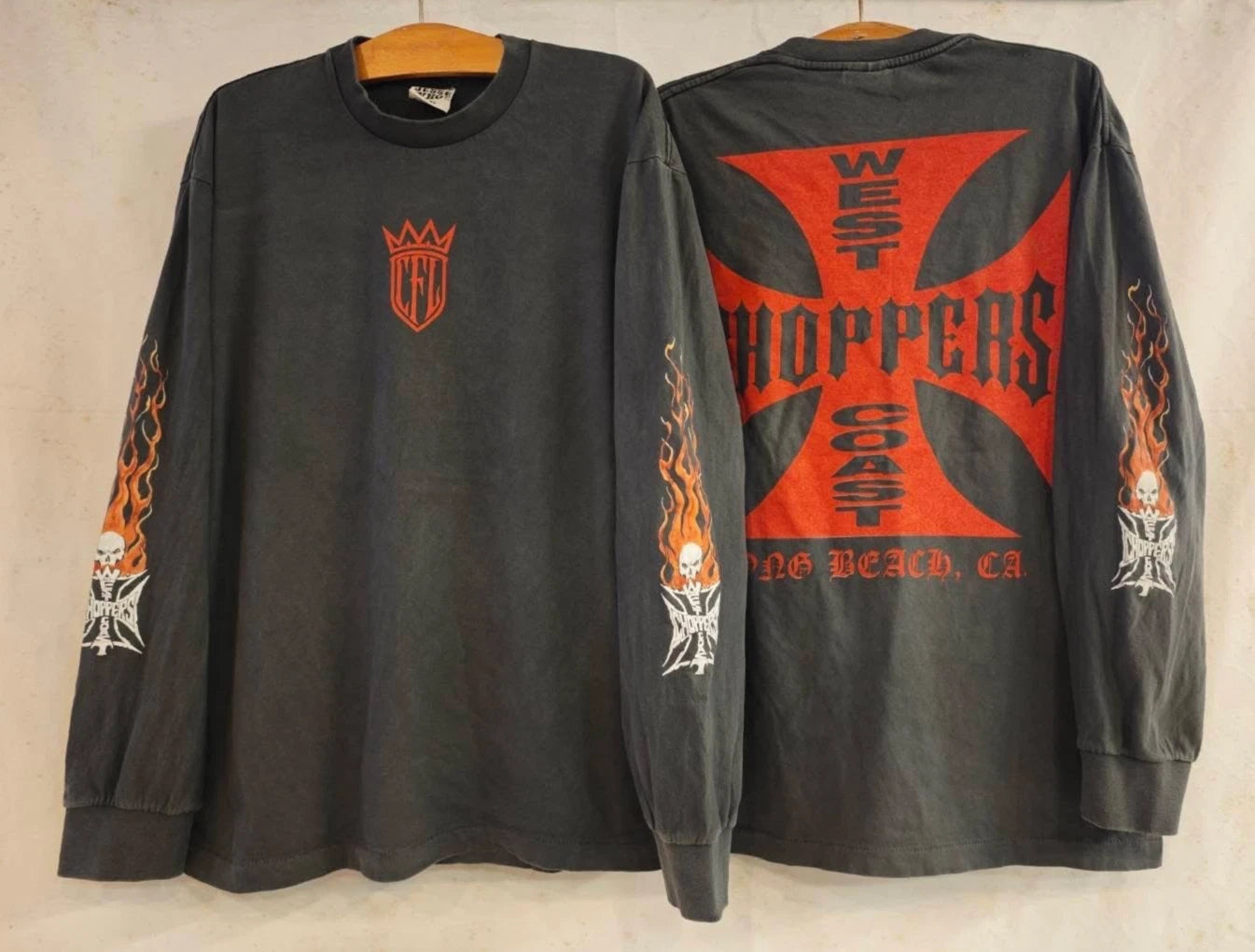 Vintage West Coast Choppers Flame Skull Red Black Long Sleeve XL T-Shirt REPRINT