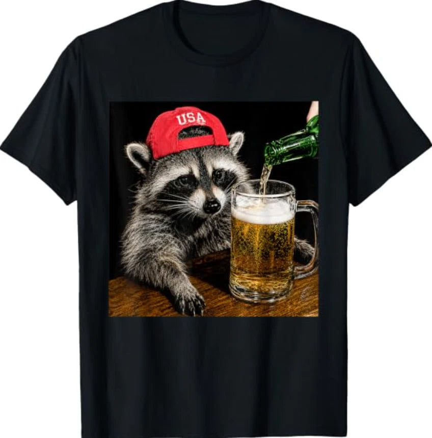Funny Raccoon Drinking Beer Patriotic USA 4th of July T-Shirt