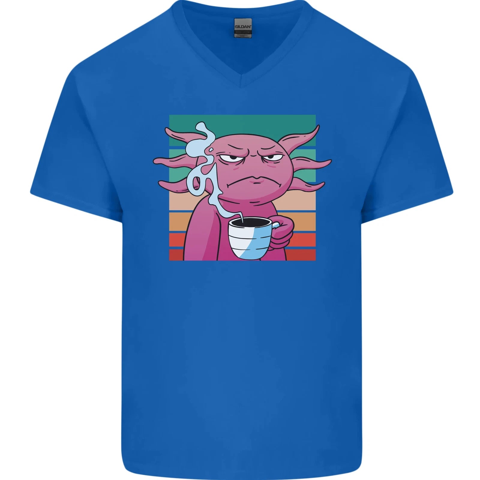Grumpy Axolotl With Coffee Mens V-Neck Cotton T-Shirt
