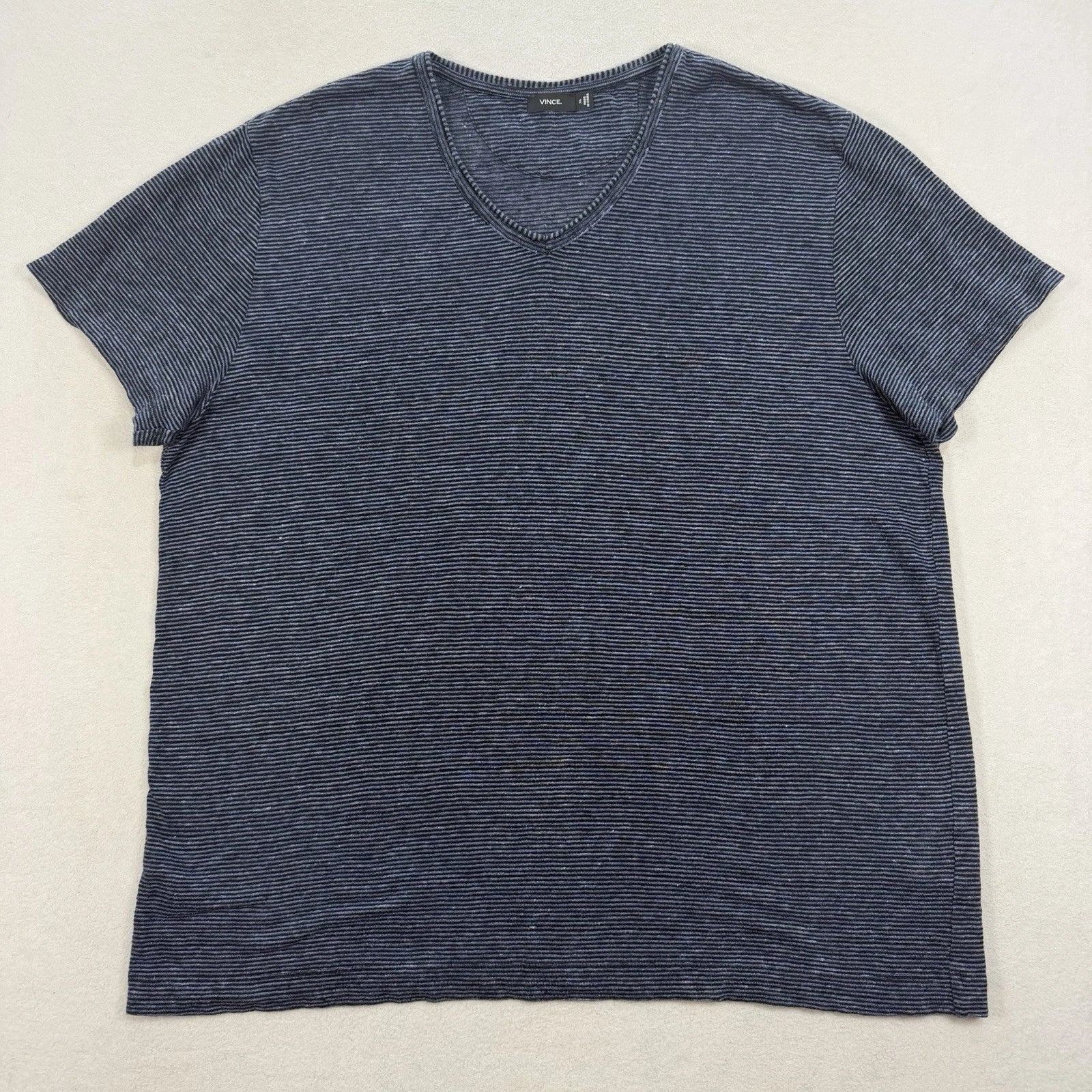 Vince Shirt Mens XL Blue Black Striped Linen Tee Lightweight Summer V Neck