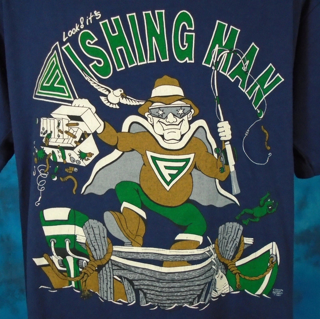 vintage 80s FISHING MAN CARTOON PAPER THIN T-Shirt LARGE/XL dad joke beach surf