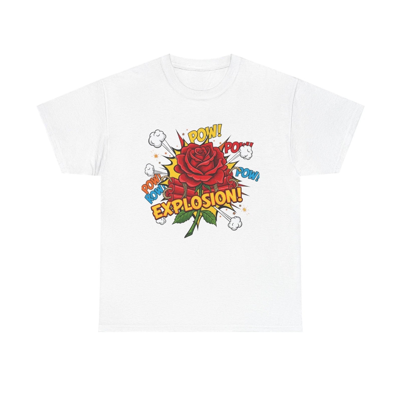 Camiseta Explosión de Rosas. Camiseta gráfica de flores estilo cómic Pop Art.