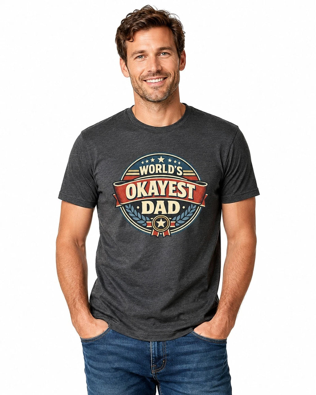 Worlds Okayest Dad Shirt Funny Fathers Day Gift Retro Badge Dad Joke Graphic Tee