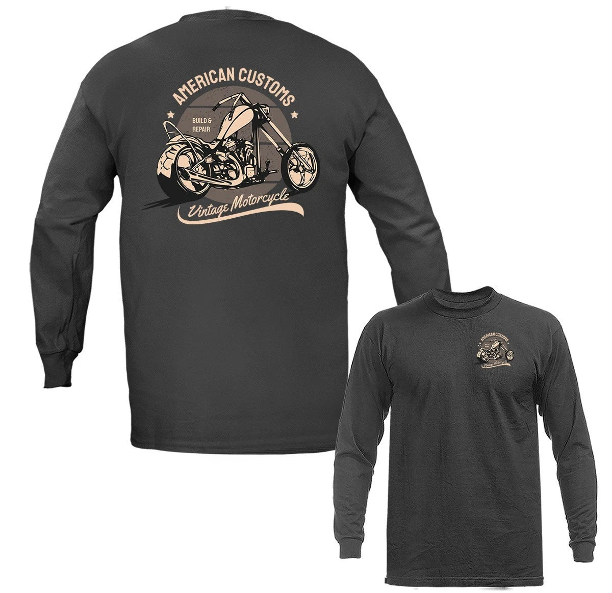 American Customs Bikers Vintage Classic Custom Motorcycle Long Sleeve T-Shirt