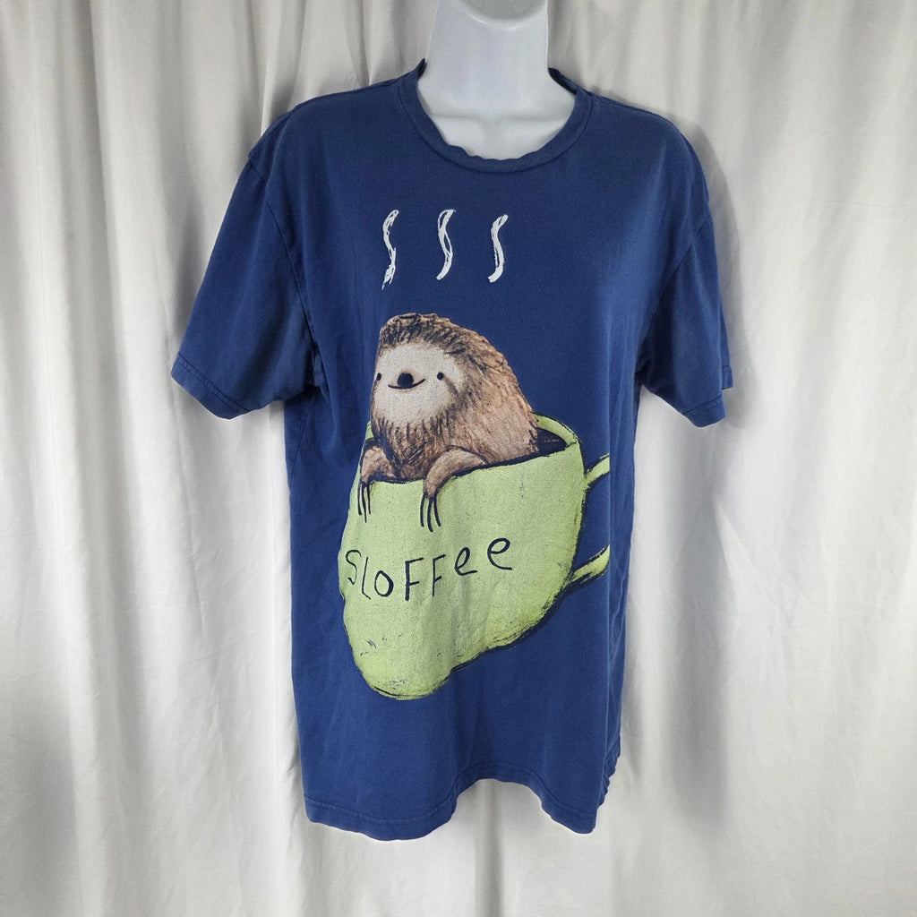 Design By Humans Shirt Mens Medium Blue Sloth Sloffee Coffee Graphic Tee Top