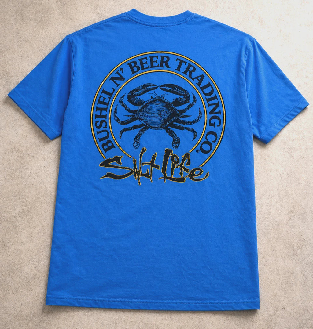 Salt Life Crab Beer Trading Co Pocket Tee Mens Medium Blue Double Sided