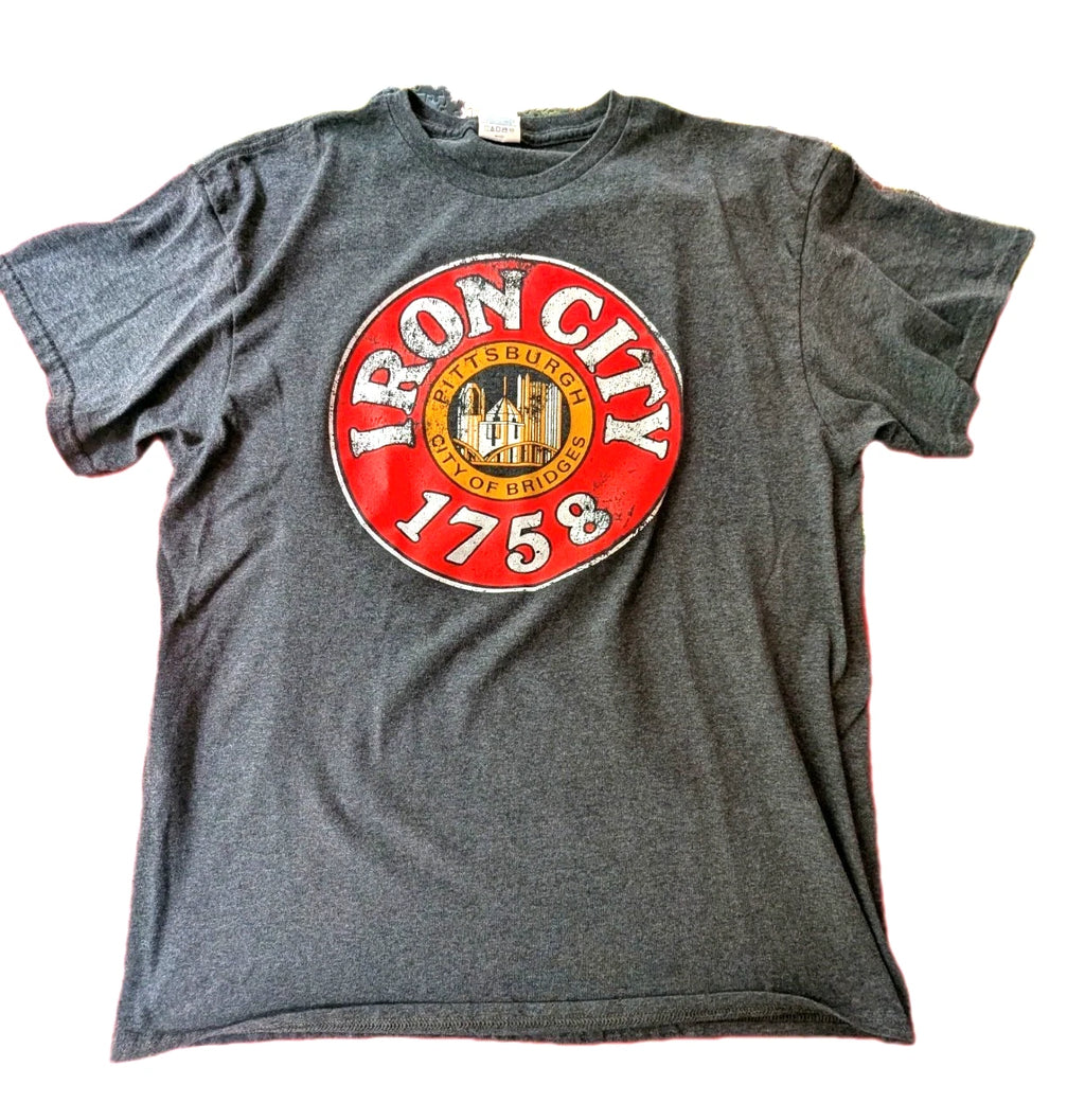Iron City Beer 1758 Pittsburgh PA City of Bridges Gray Short Sleeve Shirt Mens L
