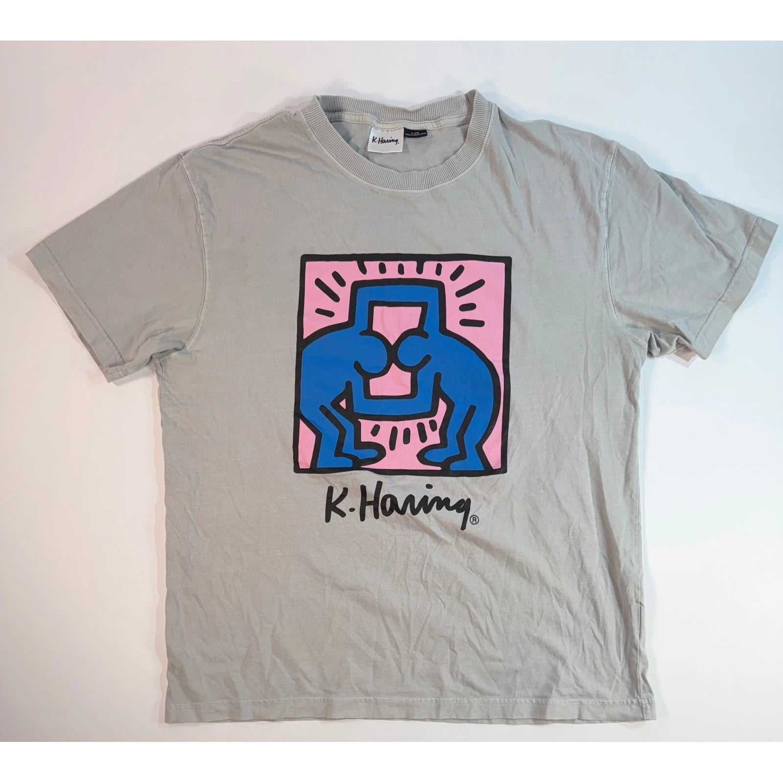 Keith Haring Pop Art Graphic T-Shirt Grey Mens Large Blue Pink Figures Tee