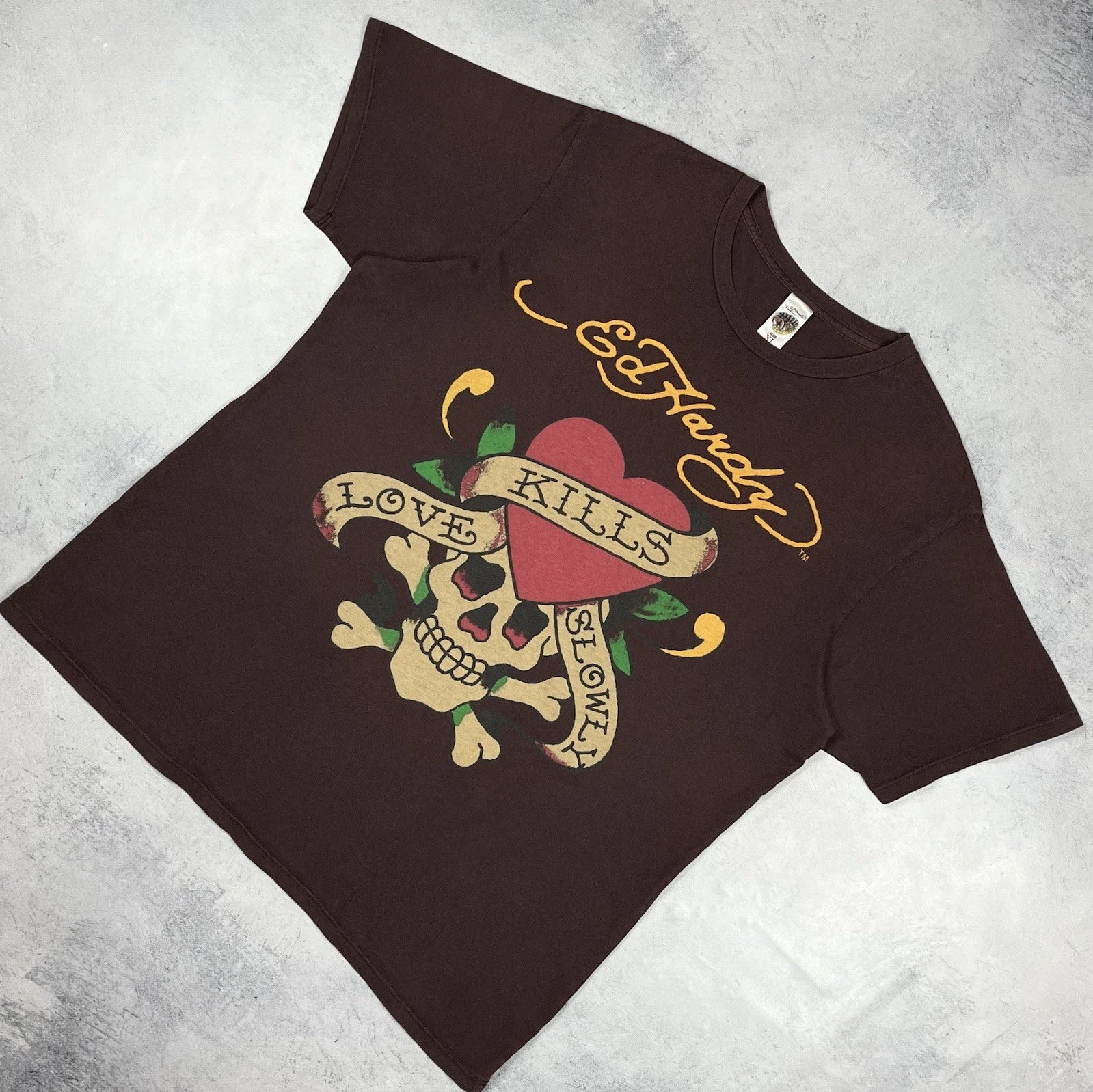 Vintage Ed Hardy Skulls Big Logo Y2K Short Sleeve T Shirt 2000’s Brown Size XL