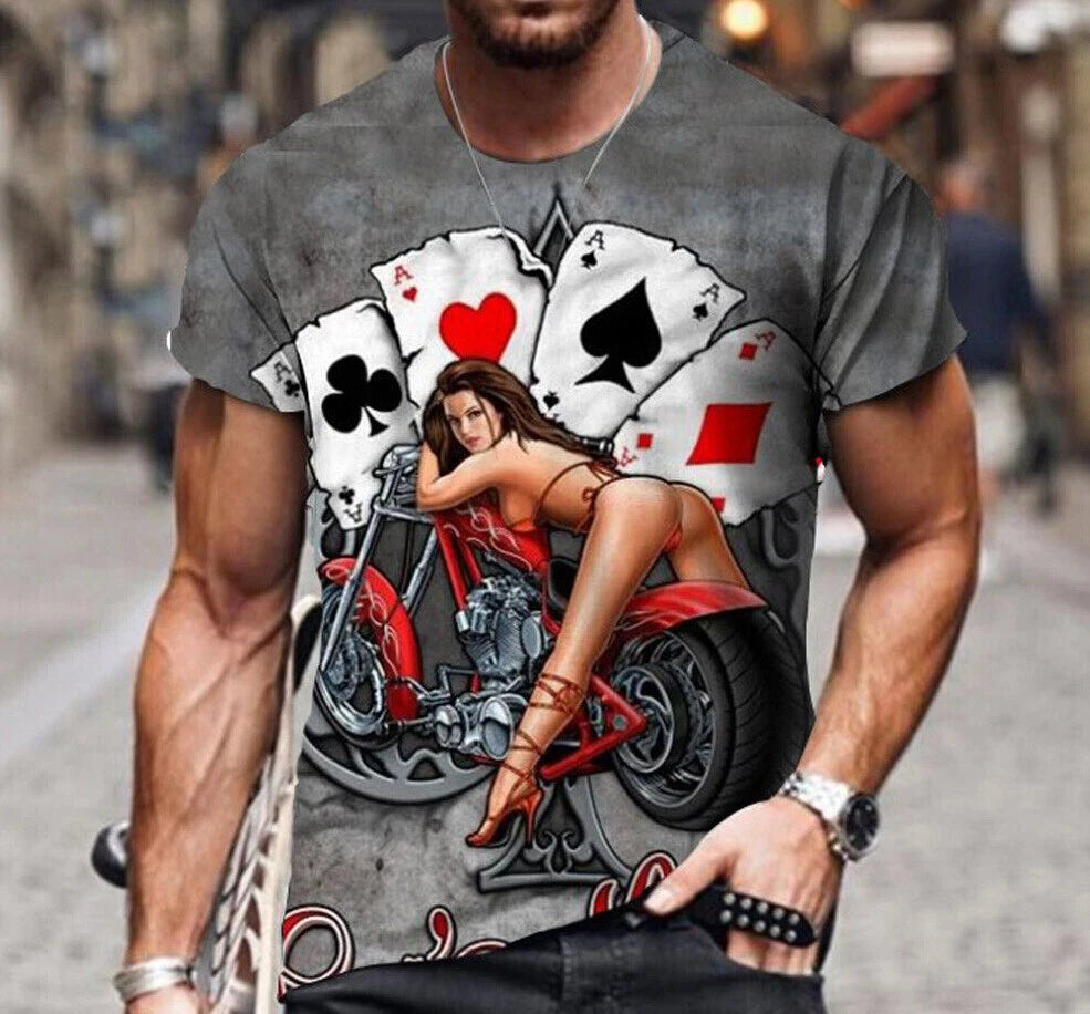 Pin-Up Beauty on a Lowrider Motorcycle Vintage Poker Card Tee REGULAR USA SIZING