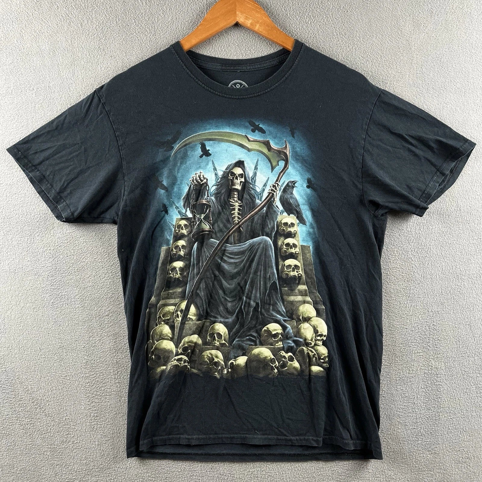 DOM Shirt Adult Medium Black Grim Reaper  Skeleton Skull Pile AOP Y2K Skater