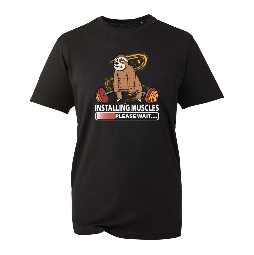 Installing Muscles Please Wait T-Shirt, Lazy Sloth Slogan Gym Workout Unisex Top